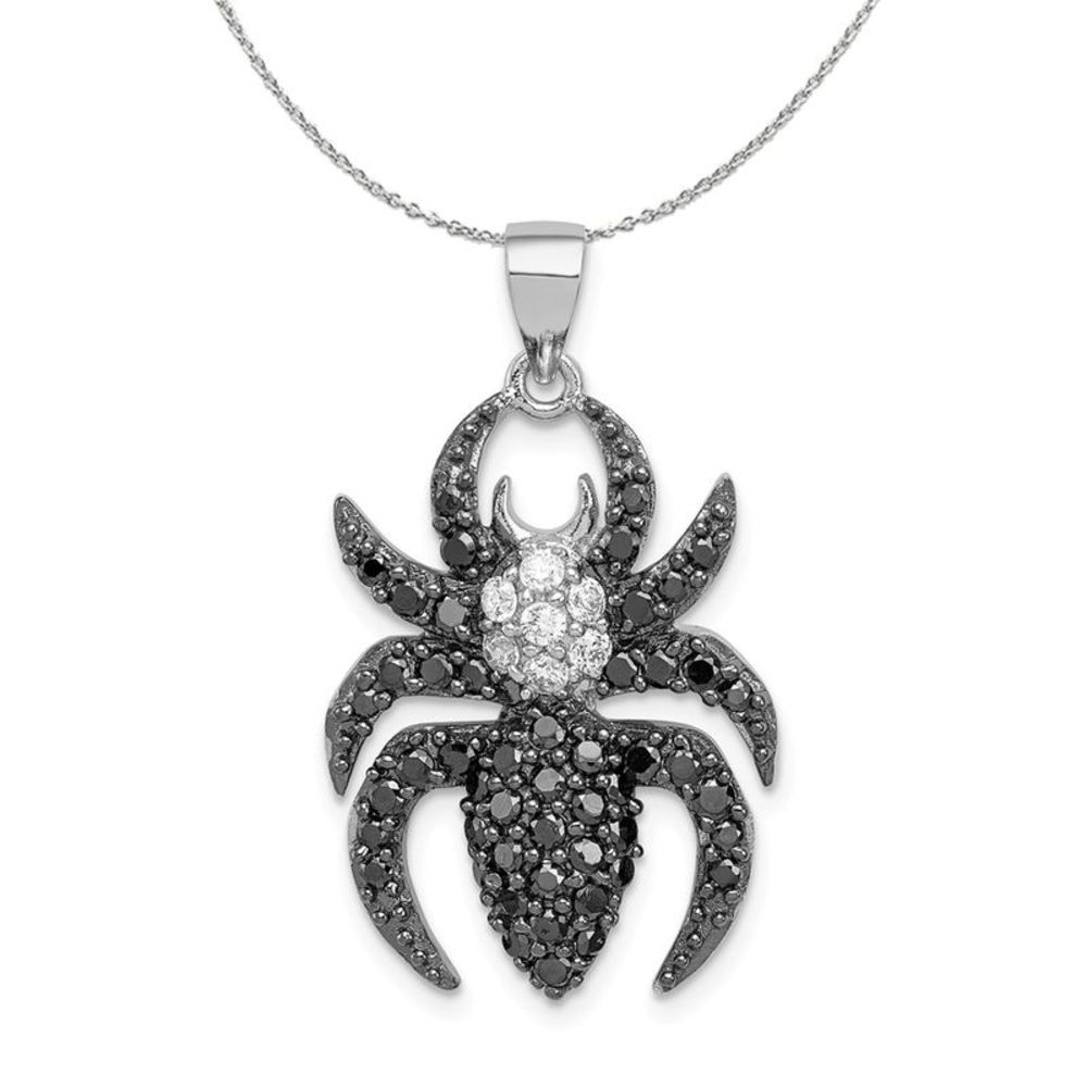 Sterling Silver and CZ Large Black and White Spider Necklace - 18 Inch